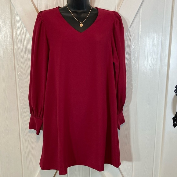 Easel Red Mini Dress with Long Bishop Sleeves and V-Neck for Cocktail - Picture 1 of 12